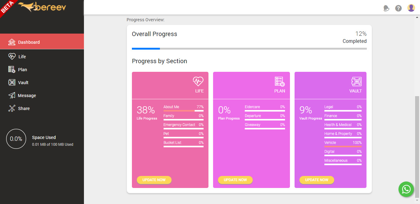 bereev legacy planning platform - dashboard