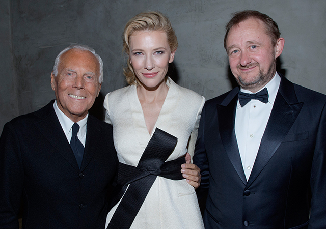 Giorgio Armani with Cate Blanchett and Andrew Upton at the opening of his new flagship store on Via Montenapoleone