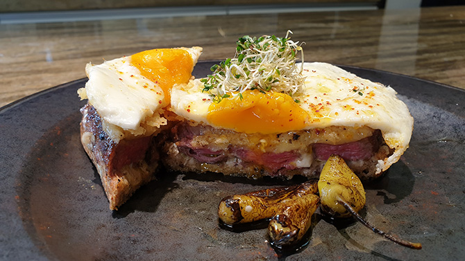 Open-face steak sandwich Chef Chai Copper restaurant